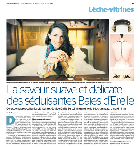 Tribune de Genève tamedia parution presse Boutique Baies d'Erelle mode bijoux créateur éthique écoresponsable Lausanne